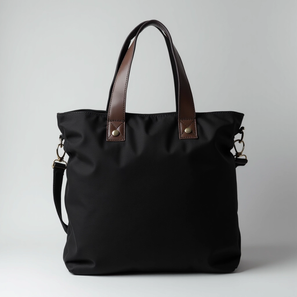Black canvas shoulder bag with leather handles displayed front and three-quarter angle worn on shoulder strap
