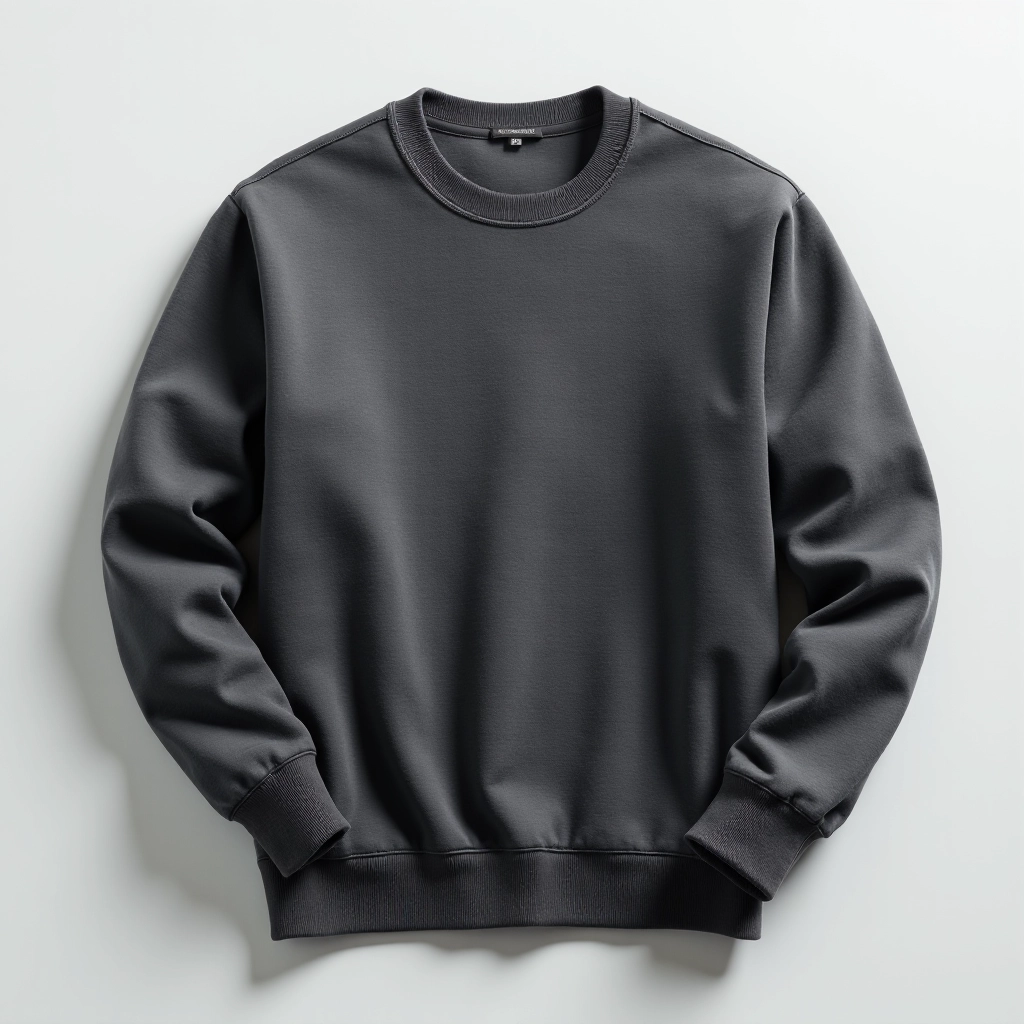 Charcoal grey crewneck sweatshirt laid flat showing front and folded side view with soft fabric texture