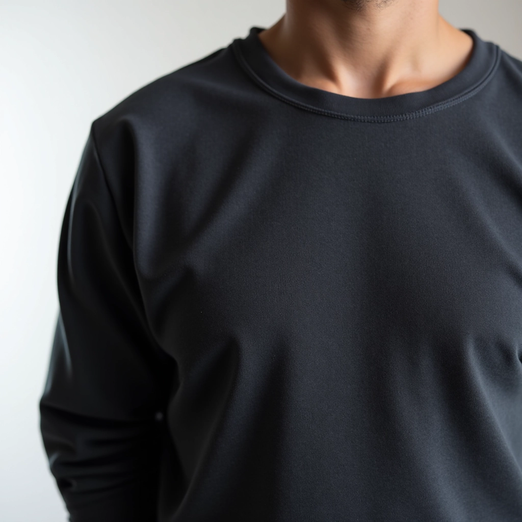 Close-up of charcoal sweatshirt fabric texture showing tight weave and seam construction detail with natural lighting