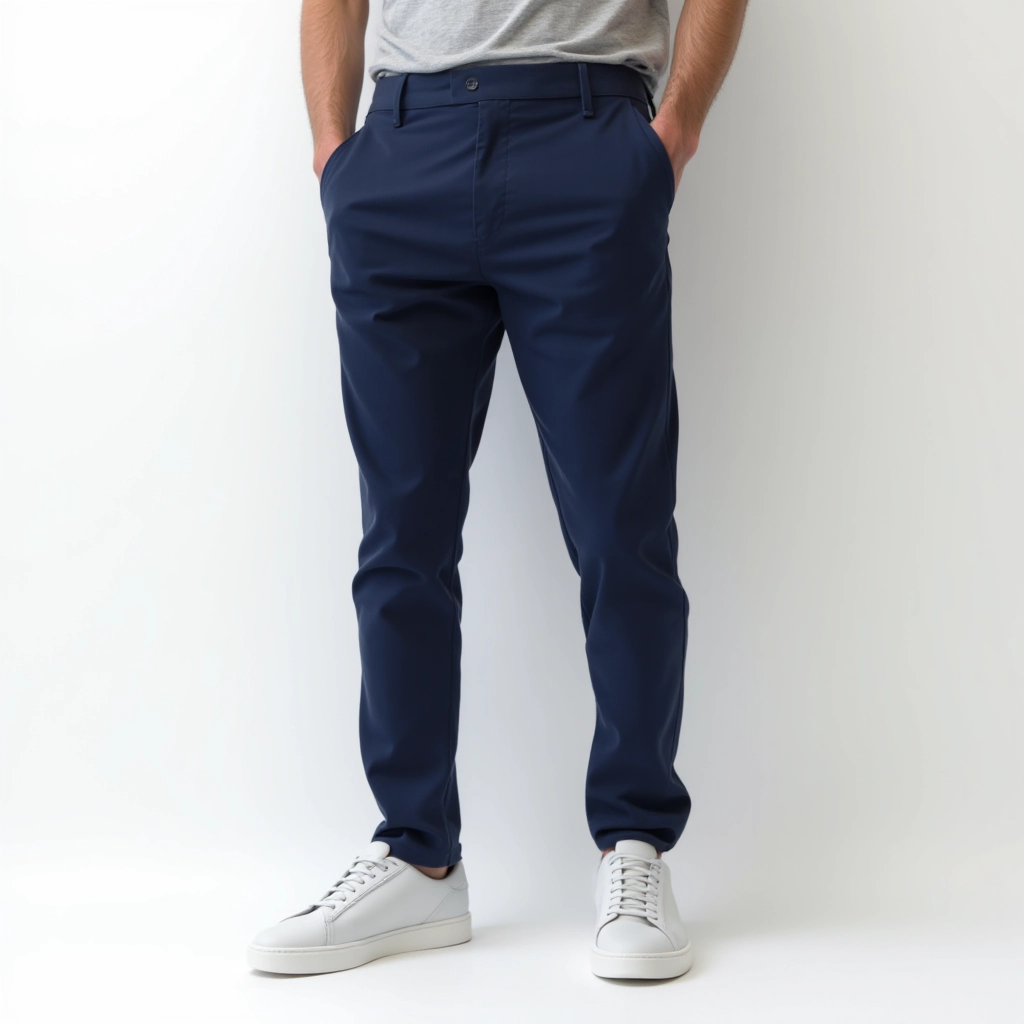 Navy blue slim-fit chino trousers displayed front and back view on invisible mannequin with crisp professional finish
