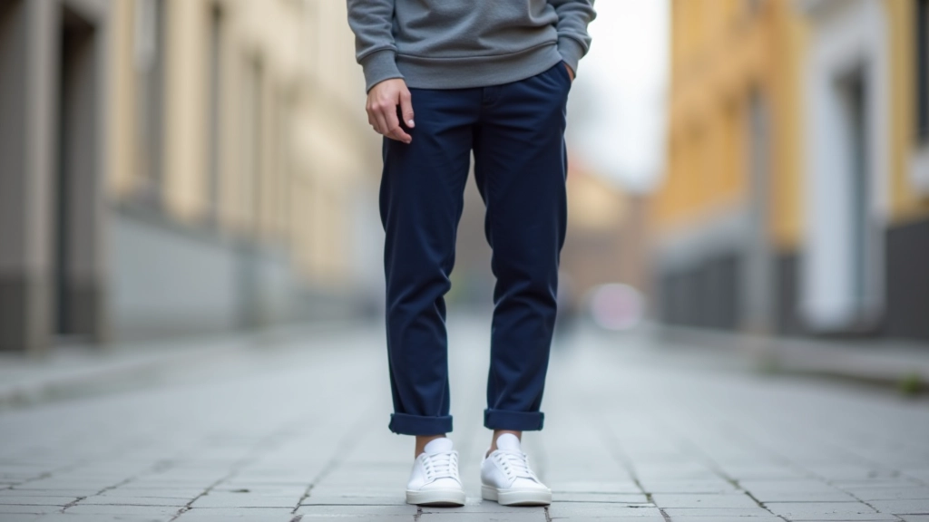 Young adult wearing casual white sneaker with navy chino and layered sweatshirt, street photography style
